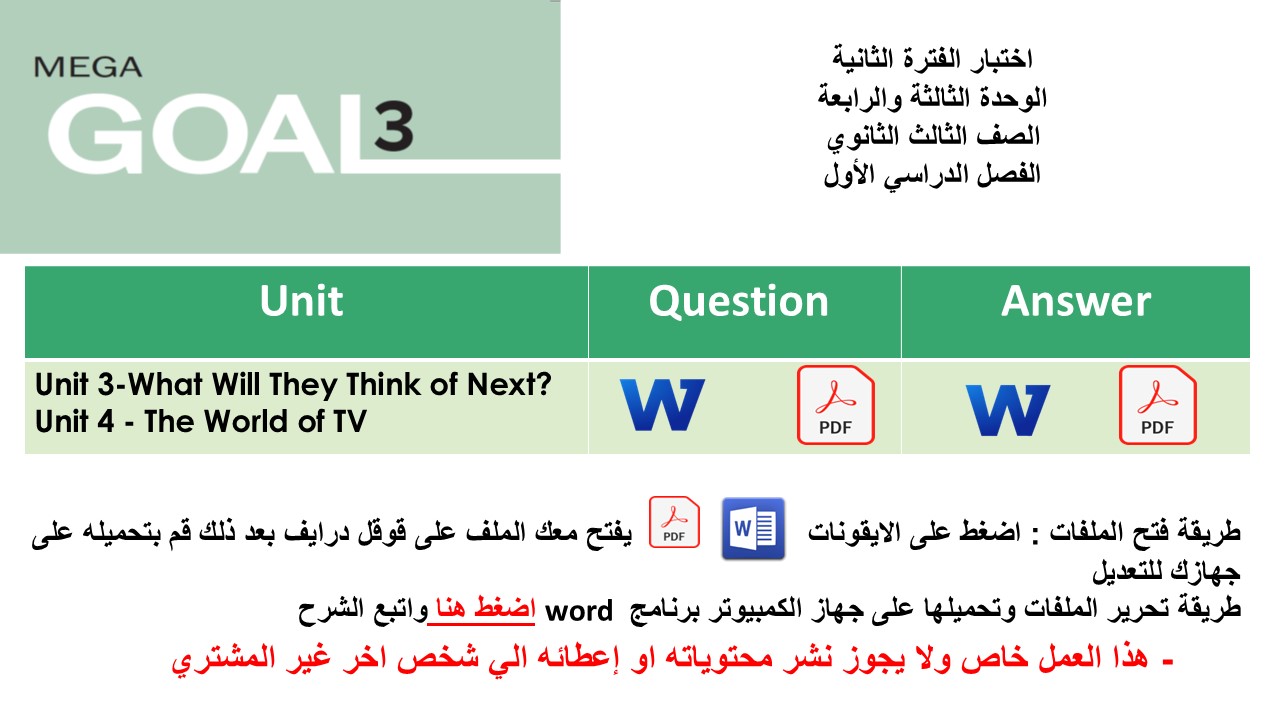 اختبار الفترة الثانية منهج Mega Goal 3 الوحدات الثالثة والرابعة الفصل الدراسي الأول
